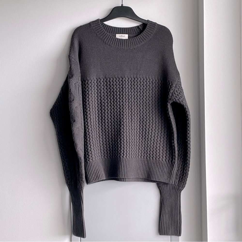 ARITZIA WILFRED Charcoal Textured Crew Neck Cable Knit 100% Merino Wool Sweater